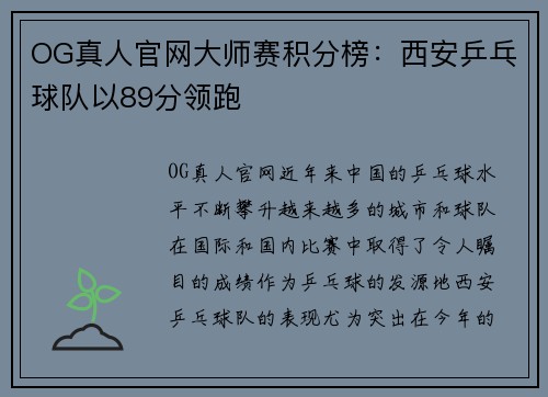 OG真人官网大师赛积分榜：西安乒乓球队以89分领跑
